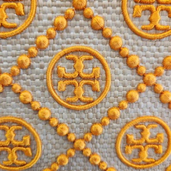 NWOT Tory Burch Orange Citrine T Monogram Embroidered Straw Clutch Purse - Picture 8 of 10